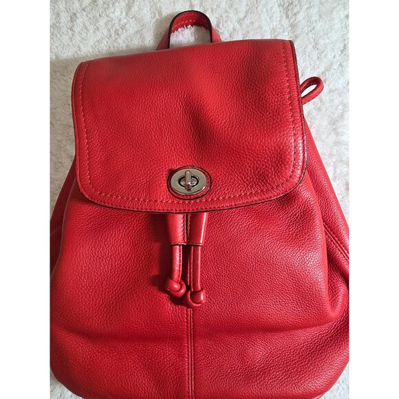 COACH F24385 Red Pebbled Leather Drawstring Park Turnlock Backpack - Picture 10 of 13